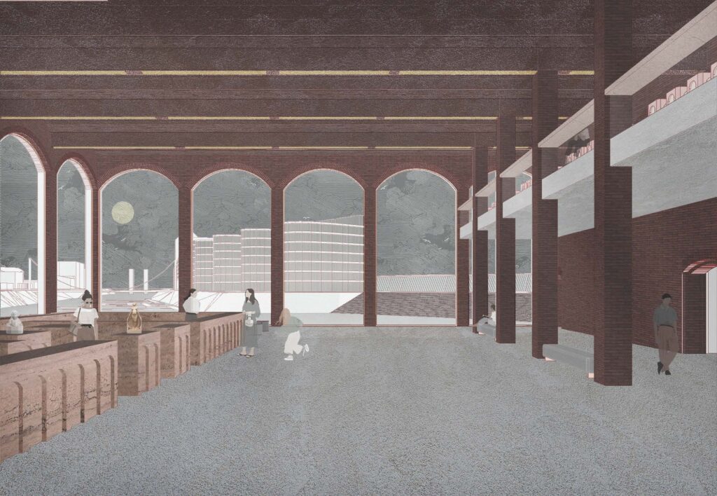 Innenraum mit großen Bogenfenstern, mehreren gehenden oder stehenden Personen und einem Blick auf Industriegebäude draußen unter einem grauen Himmel.