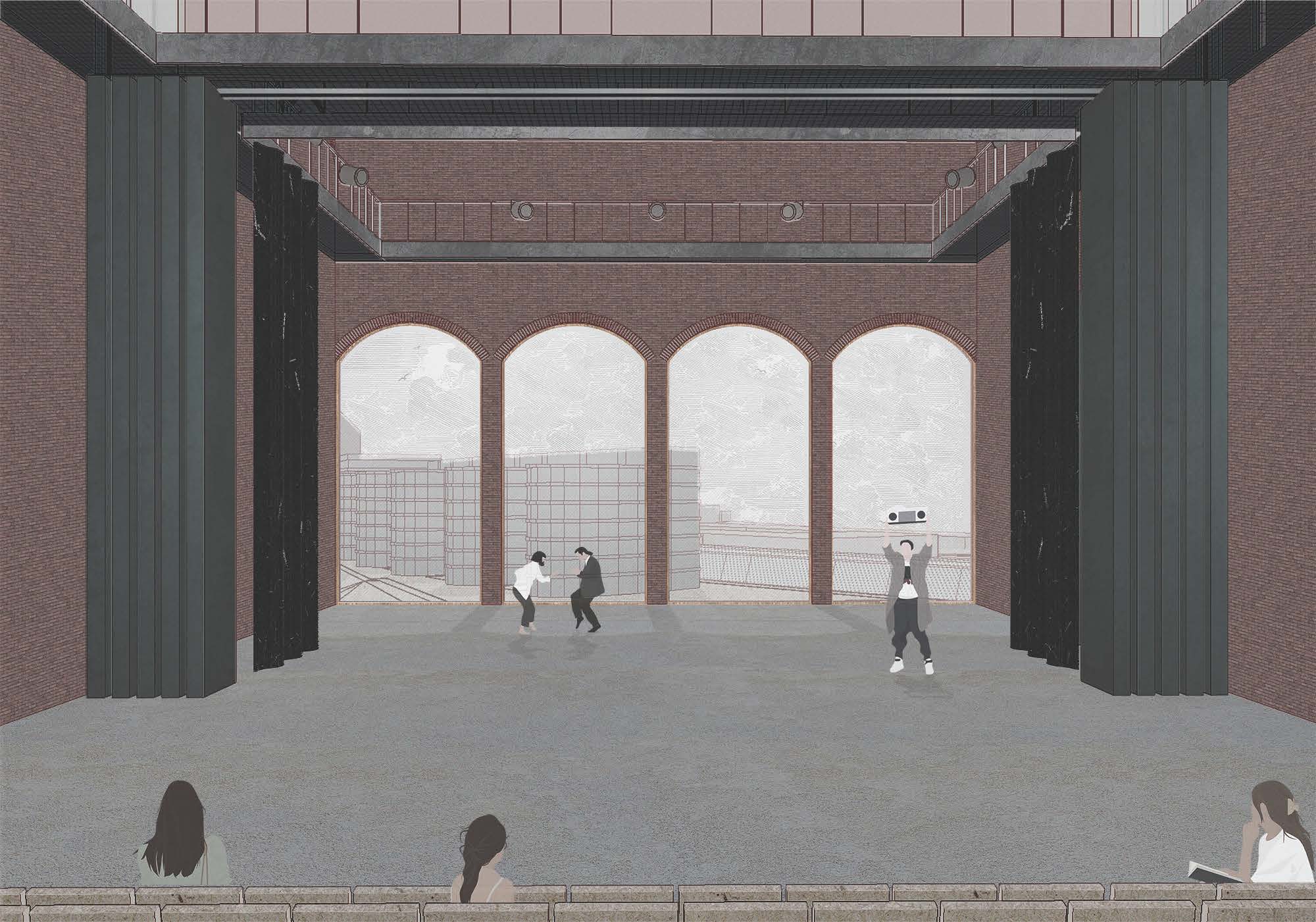 Geräumiger Innenraum mit hohen Bögen und Blick auf die Stadtlandschaft. Eine Person hält eine Boombox, während zwei andere zu tanzen scheinen. Beobachter sitzen in der Nähe und blicken auf die Szene.