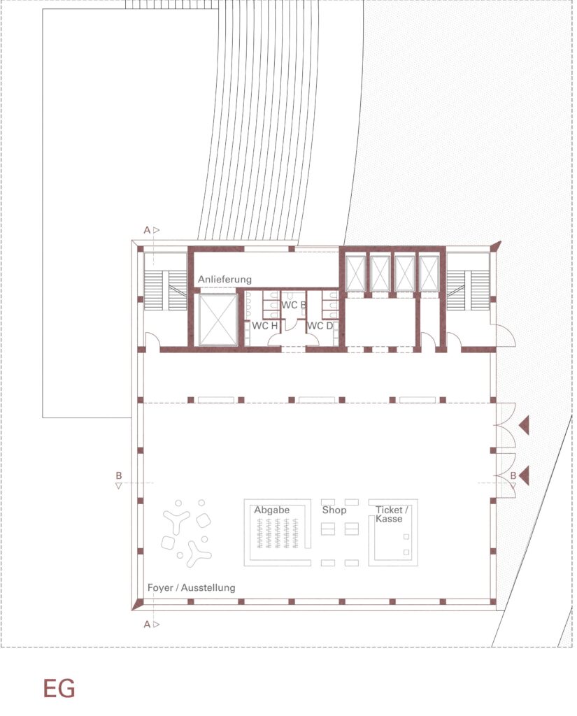 Grundriss mit der Bezeichnung „EG“, der ein Foyer, einen Ausstellungsbereich, eine Anlieferzone, Toiletten, einen Shop, einen Ticketschalter und mehrere Eingänge zeigt.