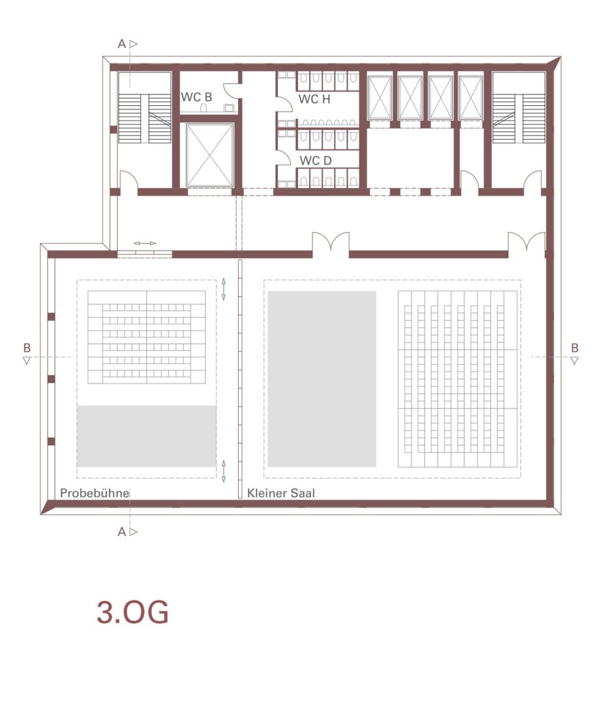 Grundriss der 3. Etage. Er zeigt eine Probebühne, einen kleinen Saal, Toiletten mit der Bezeichnung WC B, WC H, WC D und zwei große rechteckige Sitzbereiche.