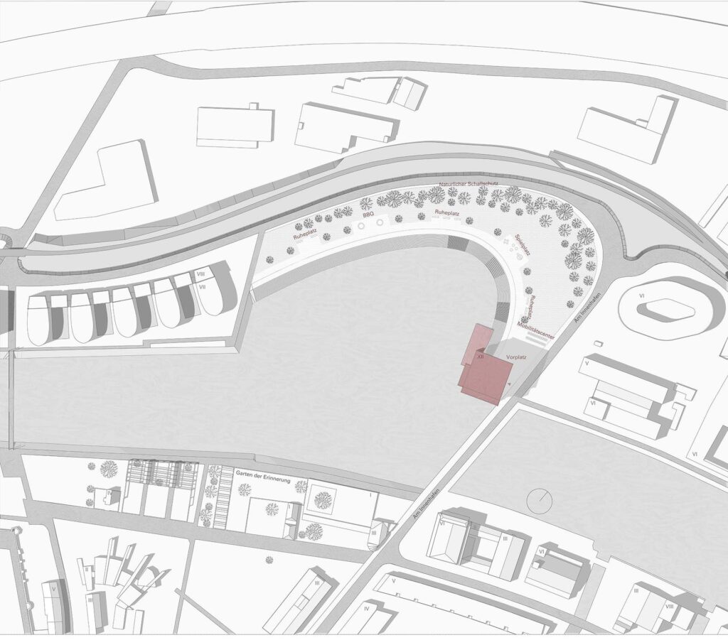 Architektonischer Lageplan mit Gebäuden, Parkplätzen, Wegen, einem geschwungenen Uferbereich mit Bäumen und Markierungen für eine bepflanzte Fläche.