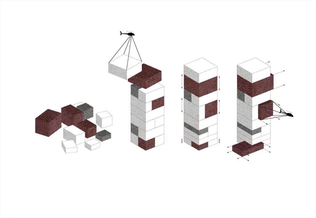 Abbildung, die die vier Phasen der Montage eines Turms mit abwechselnd roten und grauen Blöcken mithilfe eines Krans zeigt, von verstreuten Blöcken bis hin zu einem vollständigen Stapel.