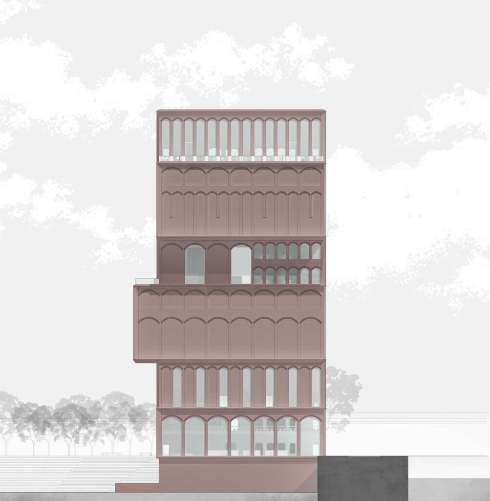 Abbildung eines mehrstöckigen Gebäudes mit einer Reihe gewölbter Fenster vor einem hellen Hintergrund mit schwach erkennbaren Bäumen. Die Struktur weist versetzte Abschnitte auf.