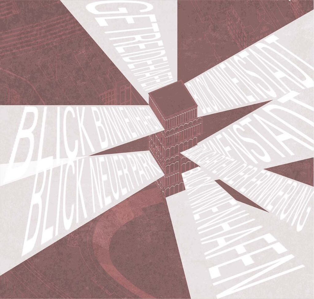 Abstrakte Darstellung eines zentralen Gebäudes mit strahlendem, länglichem Text in deutscher Sprache, der eine dynamische, expansive Energie vermittelt.