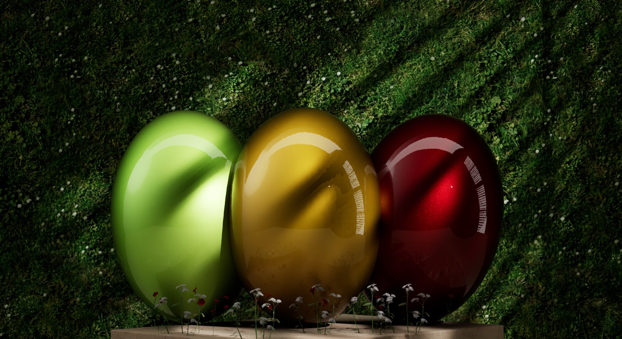 Drei große, glänzende Eier – grün, gelb und rot – werden nebeneinander auf einer Plattform vor einem strukturierten grünen Hintergrund mit Licht- und Schattenmustern präsentiert. Frohe Ostern von Graphisoft West!.