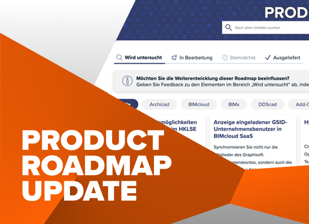 Bildschirm zur Aktualisierung der Produkt-Roadmap mit Suchleiste und Filteroptionen, jetzt in deutscher Sprache verfügbar. Orangefarbenes geometrisches Design auf der linken Seite.
