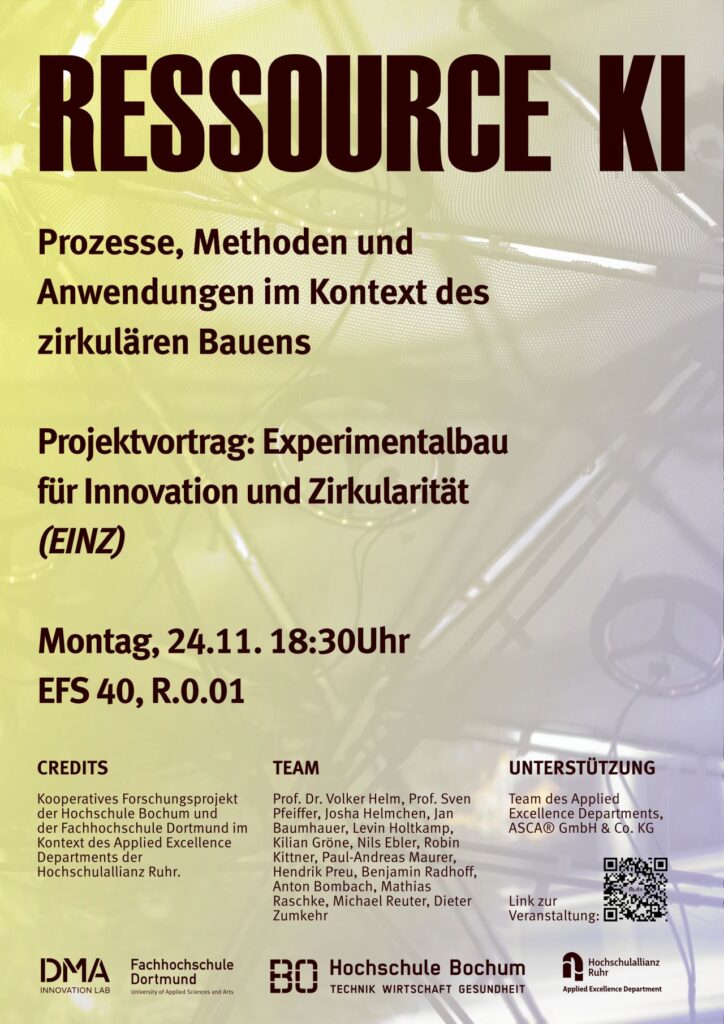 Plakat für den Vortrag "Ressource KI" im Rahmen der FH Dortmund Vortragsreihe ALUMNI-SPECIAL über kreisförmige Bauweisen. Kommen Sie am 24.11. um 18:30 Uhr in die EFS 40, R.0.01. Details zu Referenten und unterstützenden Organisationen inklusive.