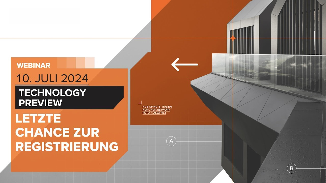 Werbebild, das ein Webinar am 10. Juli 2024 mit dem Titel „Technology Preview Program“ ankündigt und zur Registrierung auffordert. Im Hintergrund ist ein modernes architektonisches Gebäude mit geometrischen Designelementen zu sehen. Sind Sie dabei?