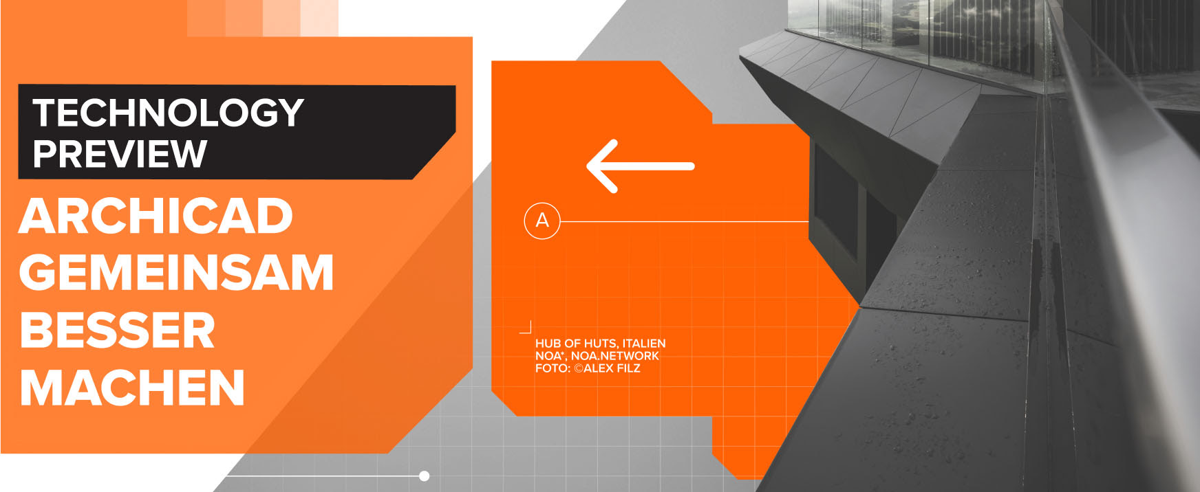 Ein Bild mit dem Text „Technology Preview Program“ und „Archicad gemeinsam besser machen“ in einem geometrischen Design, das über einem Foto einer modernen architektonischen Struktur liegt.