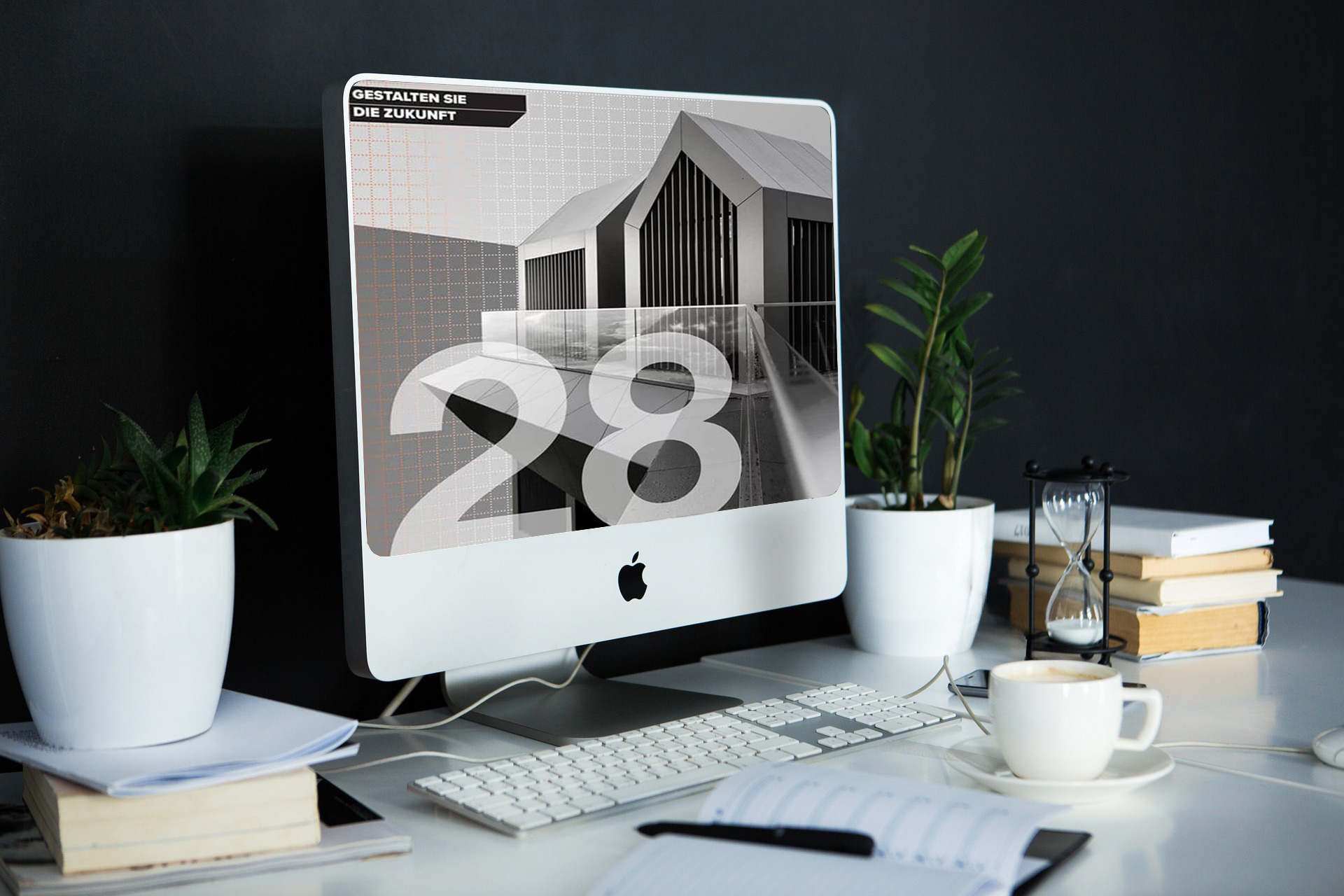 Ein Computerbildschirm, auf dem eine Archicad-Architekturdarstellung mit der Zahl „28“ angezeigt wird, ist von Pflanzen, einer Kaffeetasse, Büchern und einer Sanduhr auf einem eleganten weißen Schreibtisch umgeben – perfekt für Ihre Büro-Vorlagen-Strategie.