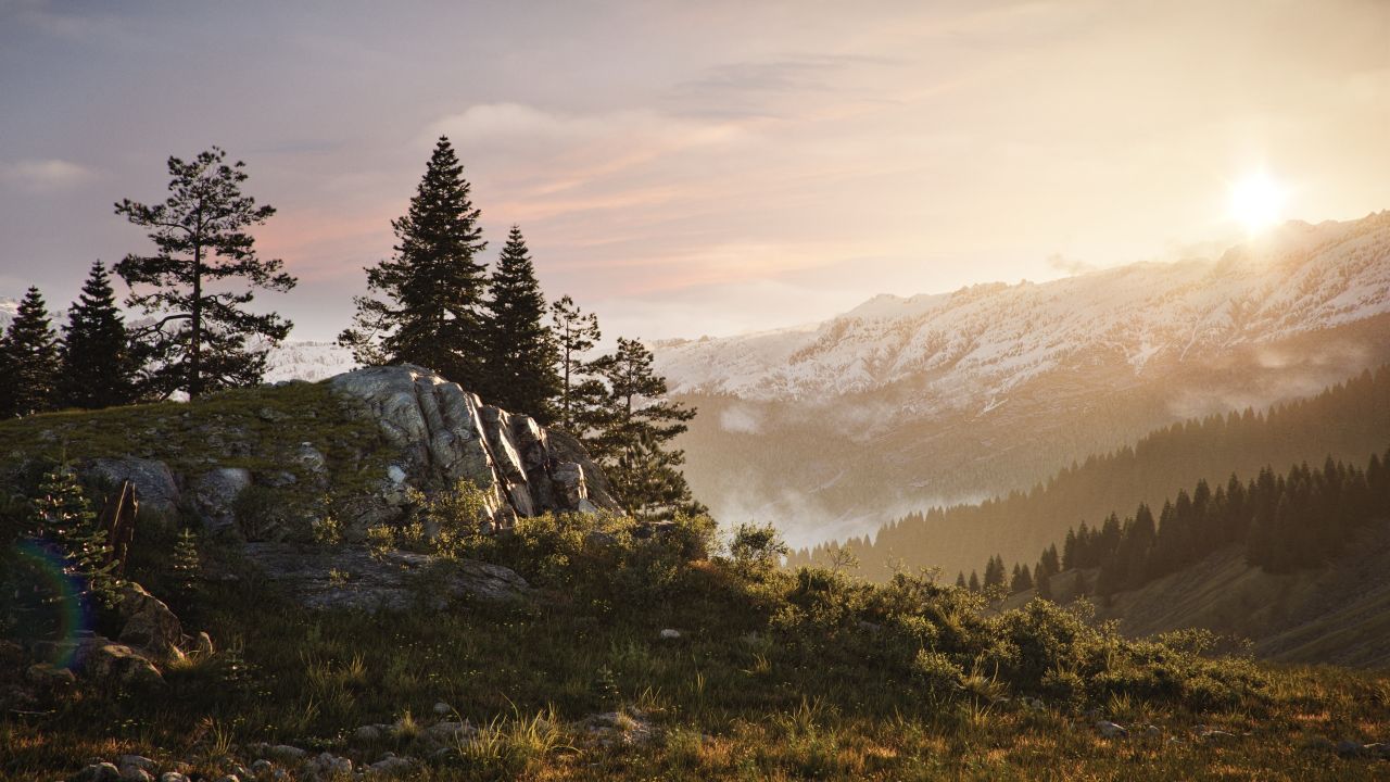 Berglandschaft bei Sonnenaufgang mit schneebedeckten Gipfeln, Kiefern, Felsen und Nebel in den Tälern unter einem teilweise bewölkten Himmel, gerendert mit Twinmotion 2025.2 Preview für atemberaubenden Realismus.