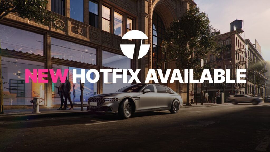 Eine silberne Luxuslimousine, die auf einer Straße in der Stadt vor großen Fenstern geparkt ist, mit dem Text "NEW HOTFIX AVAILABLE", der das neueste Twinmotion 2025.2 Hotfix-Update ankündigt.