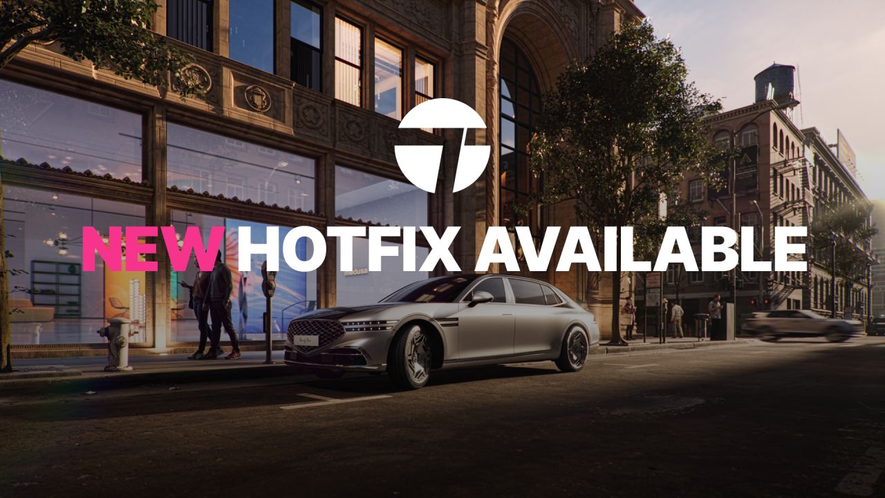 Eine silberne Luxuslimousine, die auf einer Straße in der Stadt vor großen Fenstern geparkt ist, mit dem Text "NEW HOTFIX AVAILABLE", der das neueste Twinmotion 2025.2 Hotfix-Update ankündigt.