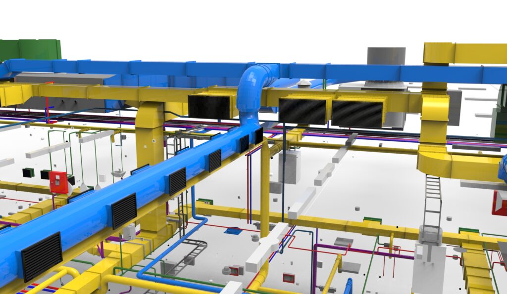 3D-Modell eines komplexen HLK-Systems mit blauen, gelben und roten Kanälen und Rohren, das Luftströmungswege und Geräteanordnung zeigt.